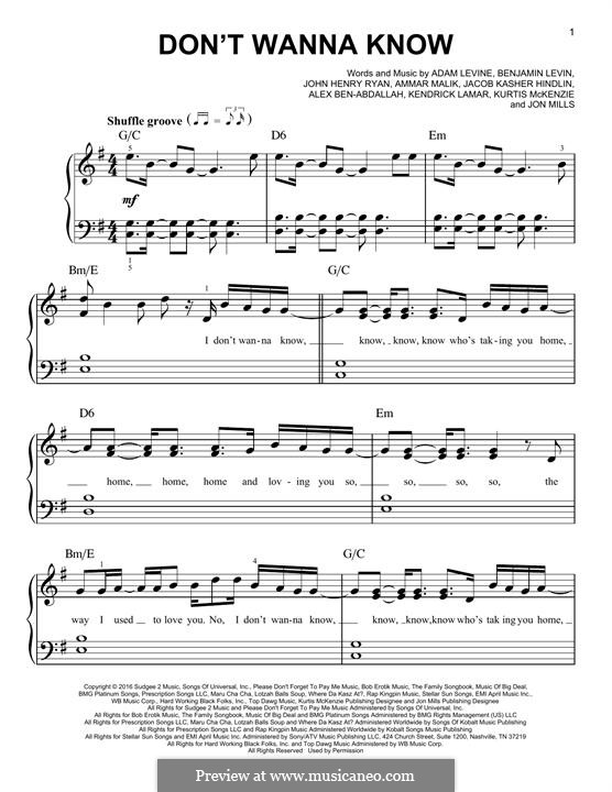 Don't Wanna Know (Maroon 5): Für Klavier by Adam Levine, Ammar Malik, Benjamin Levin, Jacob Kasher Hindlin, Jon Mills, Kurtis McKenzie