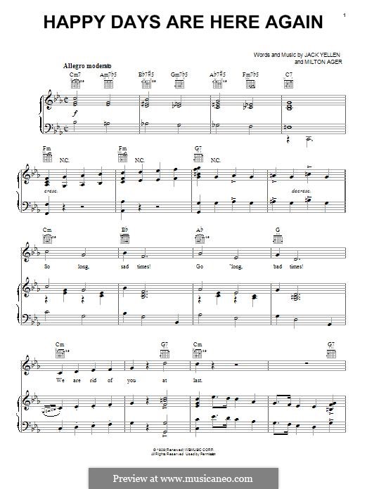 Happy Days Are Here Again (Jack Yellen): Für Stimme und Klavier (oder Gitarre) by Milton Ager