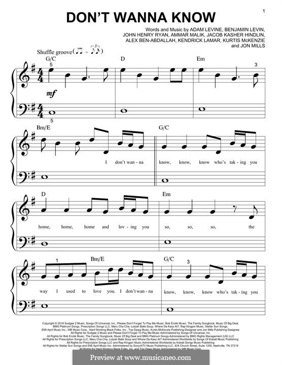 Don't Wanna Know (Maroon 5): Für Klavier by Adam Levine, Ammar Malik, Benjamin Levin, Jacob Kasher Hindlin, Jon Mills, Kurtis McKenzie