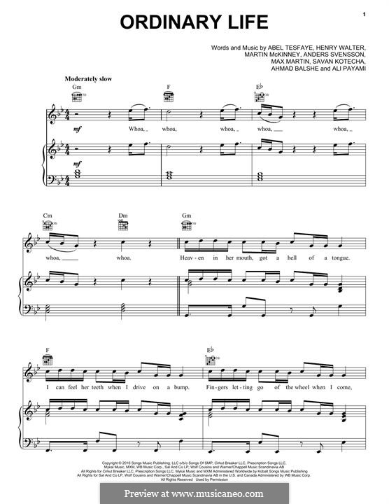 Ordinary Life (The Weeknd): Für Stimme und Klavier (oder Gitarre) by Max Martin, Savan Kotecha, Henry Russell Walter, Abel Tesfaye, Ali Payami, Ahmad Balshe, Martin McKinney, Anders Svensson