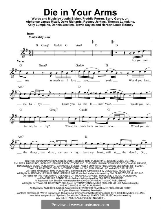 Die in Your Arms: Melodische Linie by Alphonso Mizell, Berry Gordy, Deke Richards, Freddie Perren, Justin Bieber