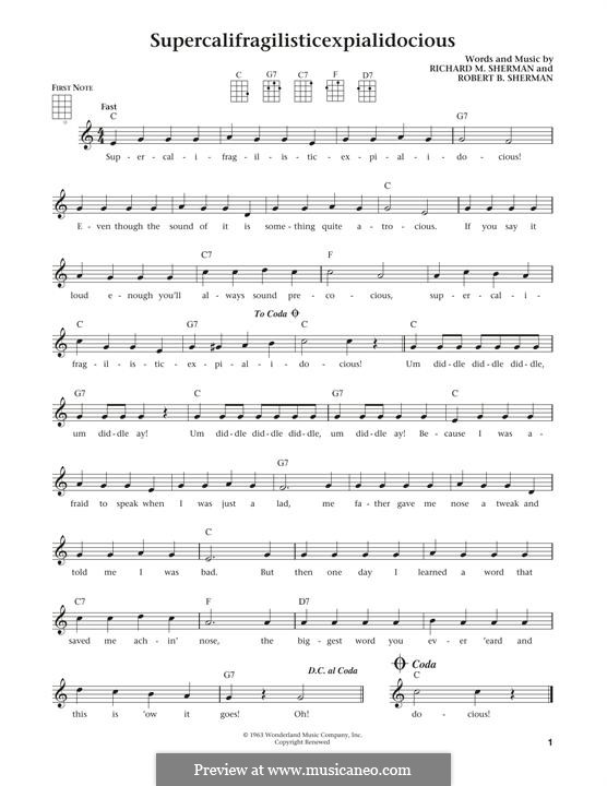 Supercalifragilisticexpialidocious (from Mary Poppins): Für Ukulele by Richard M. Sherman, Robert B. Sherman