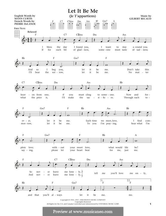 Let It Be Me (Je T'appartiens): For ukulele (The Everly Brothers) by Gilbert Becaud, Manny Kurtz, Pierre Delanoe