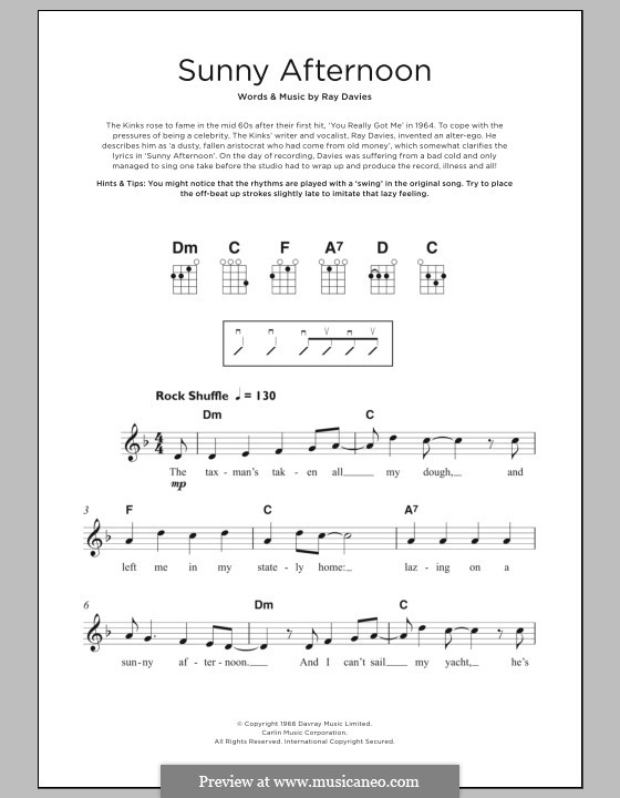 Sunny Afternoon (The Kinks): Für Ukulele by Ray Davies