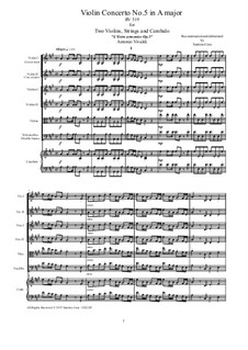 Konzert für zwei Violinen und Streicher Nr.5 in A-Dur, RV 519: Score, parts by Antonio Vivaldi