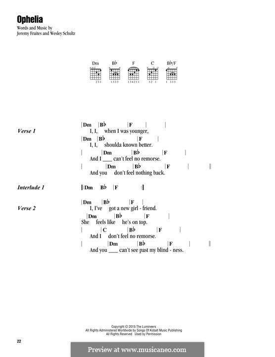 Ophelia (The Lumineers): Text und Akkorde by Jeremy Fraites