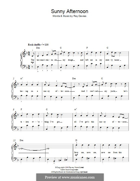 Sunny Afternoon (The Kinks): Für Klavier by Ray Davies