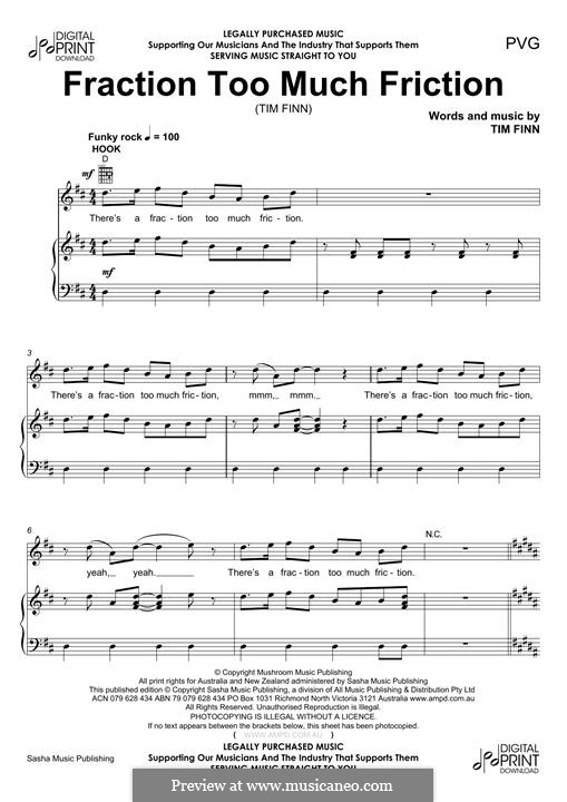 Fraction Too Much Friction (Split Enz): Für Stimme und Klavier (oder Gitarre) by Tim Finn