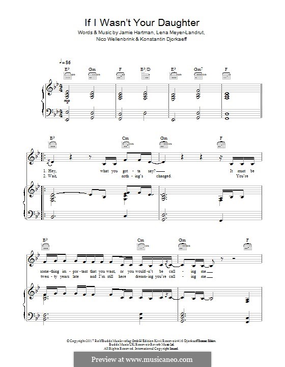 If I Wasn't Your Daughter (Lena): Für Stimme und Klavier (oder Gitarre) by Jamie Hartman, Nico Wellenbrink, Lena Meyer-Landrut, Konstantin Djorkaeff