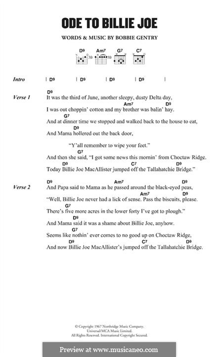 Ode To Billy Joe: Text und Akkorde by Bobbie Gentry