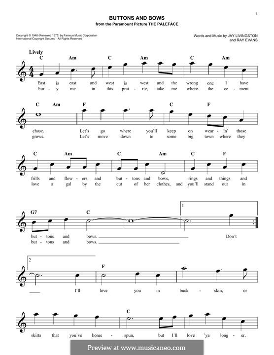 Buttons and Bows (from Paleface): Melodische Linie by Jay Livingston, Raymond Evans