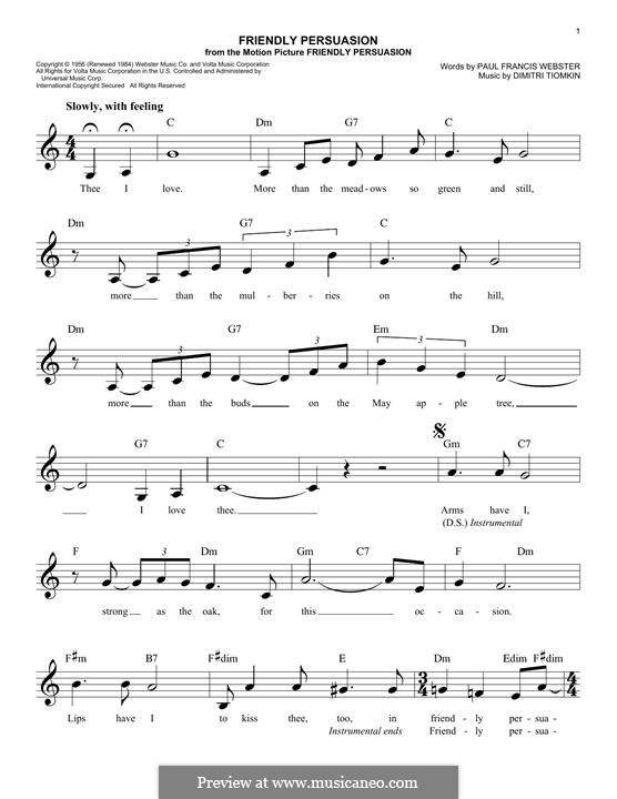 Friendly Persuasion (Pat Boone): Melodische Linie by Dimitri Tiomkin, Paul Francis Webster