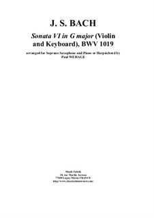 Sonate für Violine und Cembalo Nr.6 in G-Dur, BWV 1019: Arrangement for soprano saxophone and keyboard by Johann Sebastian Bach
