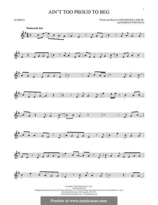 Ain't Too Proud to Beg (The Temptations): Für Klarinette by Edward Holland Jr., Norman J. Whitfield