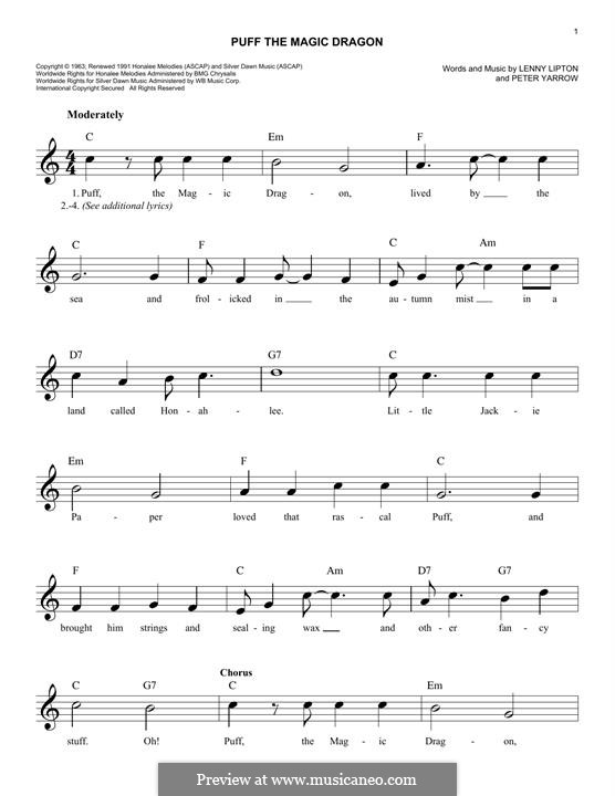 Puff the Magic Dragon (Peter, Paul & Mary): Melodische Linie by Lenny Lipton, Peter Yarrow