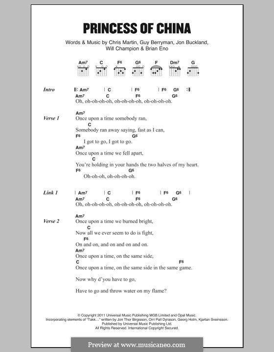 Princess of China (Coldplay): Text und Akkorde by Brian Eno, Chris Martin, Guy Berryman, Jonny Buckland, Will Champion