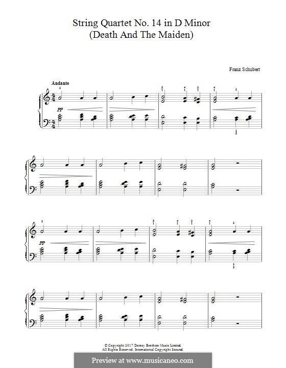 Streichquartett Nr.14 in d-Moll 'Tod und das Mädchen', D.810: Andante, for piano by Franz Schubert