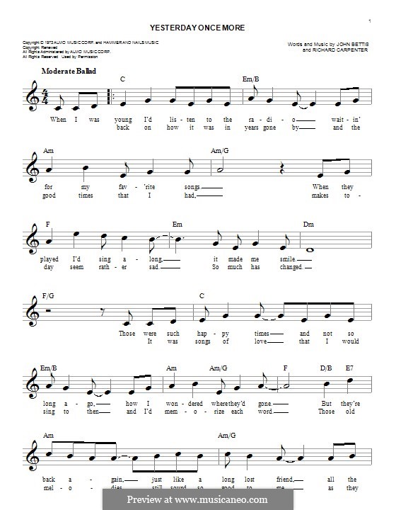 Yesterday Once More (Carpenters): Melodische Linie by John Bettis, Richard Carpenter