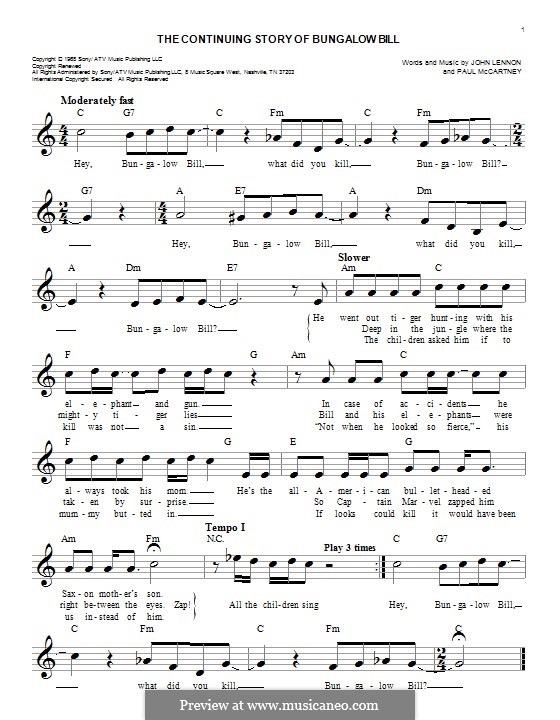 The Continuing Story of Bungalow Bill (The Beatles): Melodische Linie by John Lennon, Paul McCartney