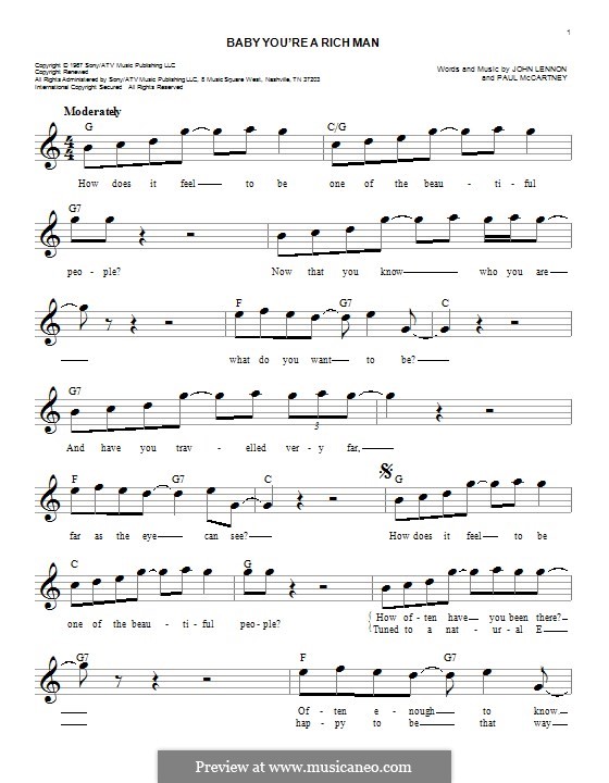 Baby You're a Rich Man (The Beatles): Melodische Linie by John Lennon, Paul McCartney