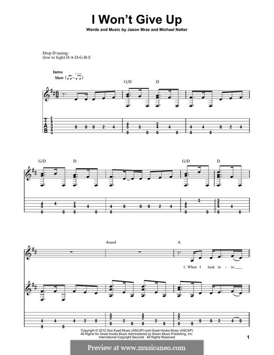 I Won't Give Up: Für Gitarre mit Tabulatur by Jason Mraz, Michael Natter