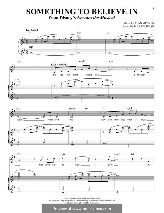 Something to Believe in (from Newsies): Für Stimme und Klavier by Alan Menken