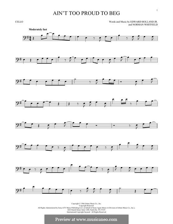 Ain't Too Proud to Beg (The Temptations): Für Cello by Edward Holland Jr., Norman J. Whitfield