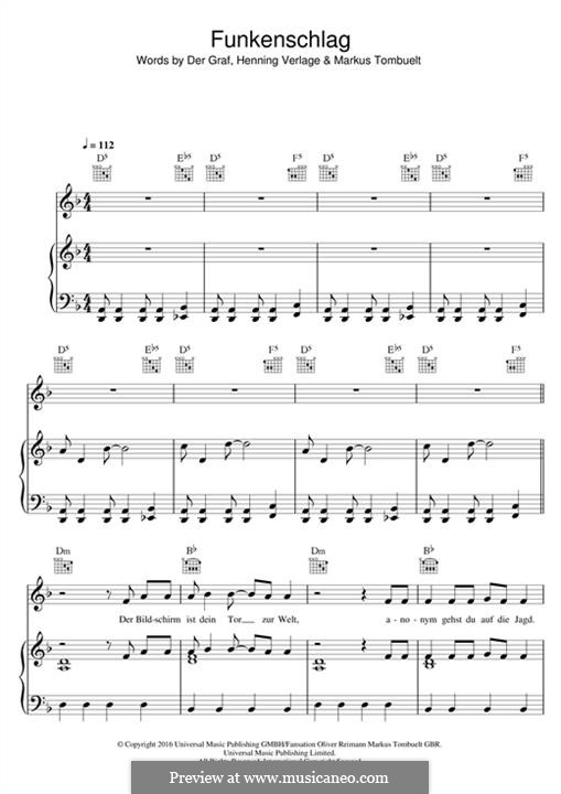 Funkenschlag (Unheilig): Für Stimme und Klavier (oder Gitarre) by Der Graf, Henning Verlage, Markus Tombuelt