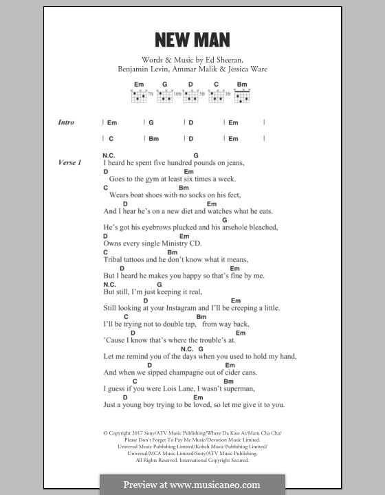 New Man: Text und Akkorde by Ed Sheeran, Ammar Malik, Benjamin Levin, Jessie Ware