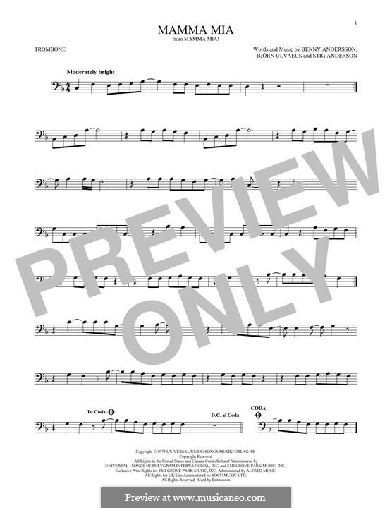 Mamma Mia (ABBA): For trombone by Benny Andersson, Björn Ulvaeus, Stig Anderson