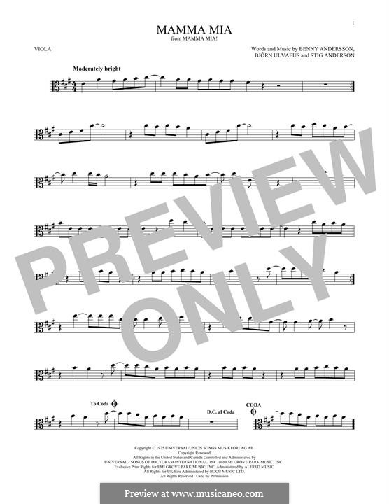 Mamma Mia (ABBA): For viola by Benny Andersson, Björn Ulvaeus, Stig Anderson
