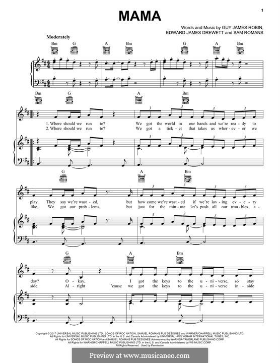 Mama (Jonas Blue feat. William Singe): Für Stimme und Klavier (oder Gitarre) by Ed Drewett, Sam Romans, Guy Robin