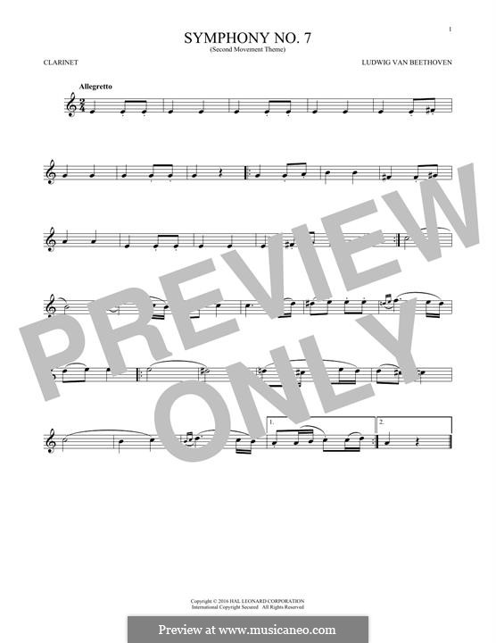 Movement II (Printable scores): Theme. Version for clarinet by Ludwig van Beethoven