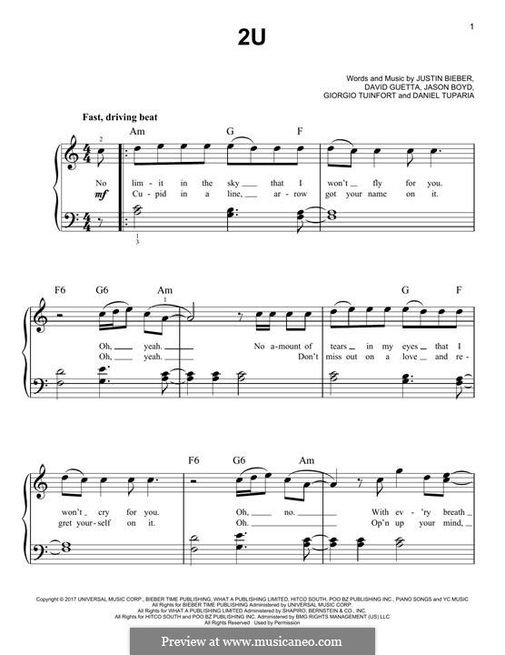 2U: Für Klavier by David Guetta, Giorgio Tuinfort, Jason Boyd, Justin Bieber, Daniel Tuparia