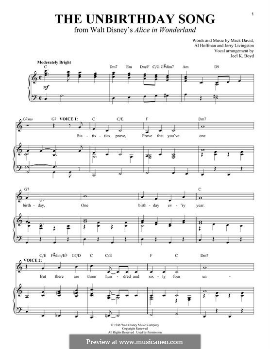 The Unbirthday Song: Für Stimme und Klavier by Al Hoffman, Jerry Livingston, Mack David