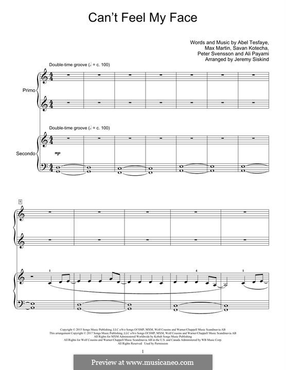Can't Feel My Face (The Weeknd): Für Klavier, vierhändig by Max Martin, Peter Svensson, Savan Kotecha, Abel Tesfaye, Ali Payami