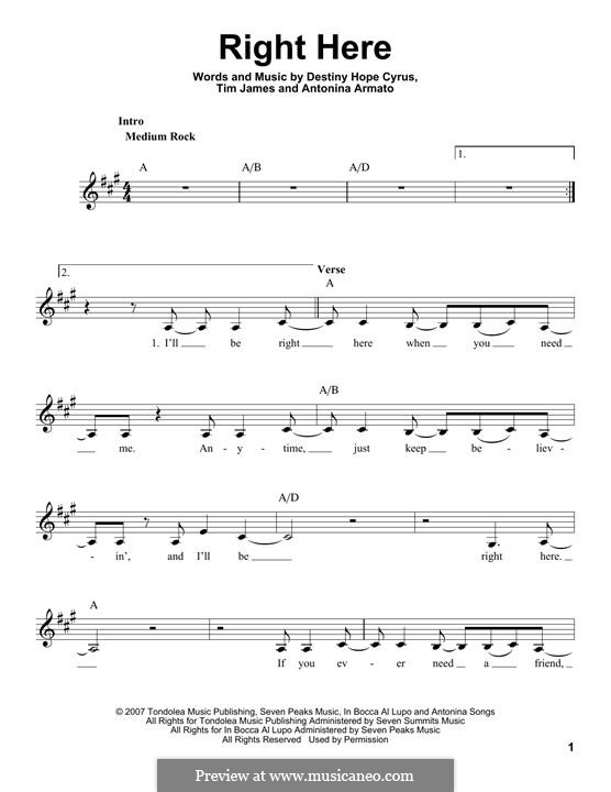 Right Here (Hannah Montana): Melodische Linie by Antonina Armato, Destiny Hope Cyrus, Timothy James