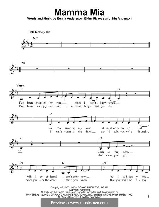 Mamma Mia (ABBA): Melodische Linie by Benny Andersson, Björn Ulvaeus, Stig Anderson