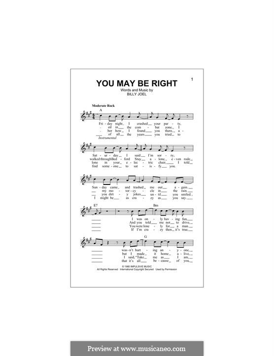 You May Be Right: Melodische Linie by Billy Joel