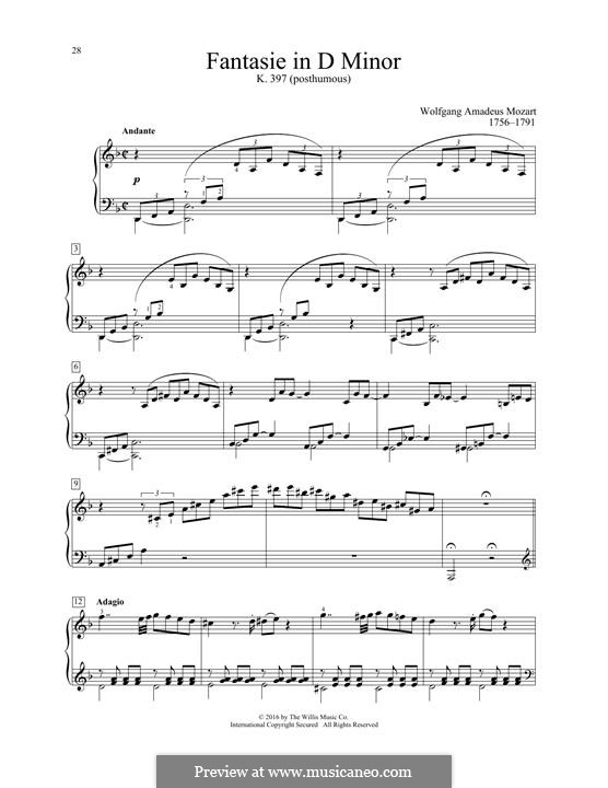 Fantasie für Klavier Nr.3 in dMoll, K.397 von W.A. Mozart auf MusicaNeo