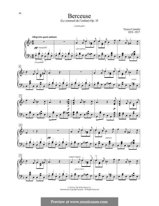 Le sommeil de l'enfant, Op.35: Für Klavier by Teresa Carreño