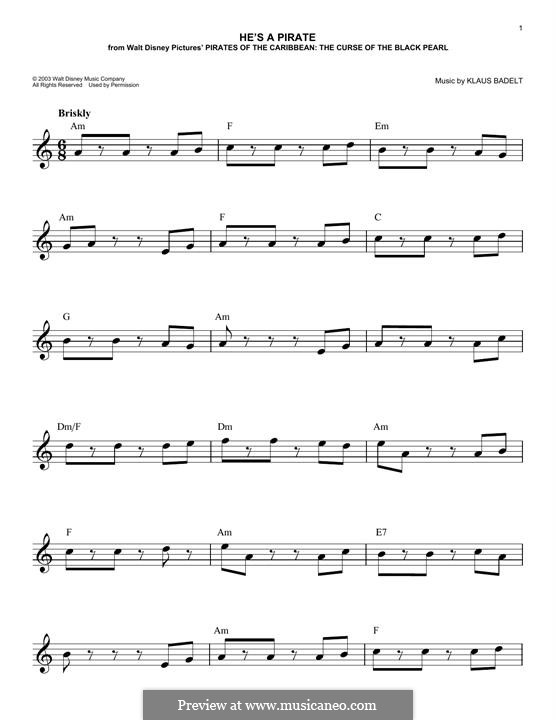 He's a Pirate (from Pirates of the Caribbean: The Curse of the Black Pearl): Melodische Linie by Klaus Badelt