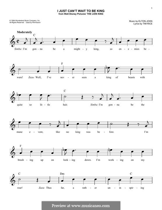 I Just Can't Wait To Be King (from The Lion King): Melodische Linie by Elton John