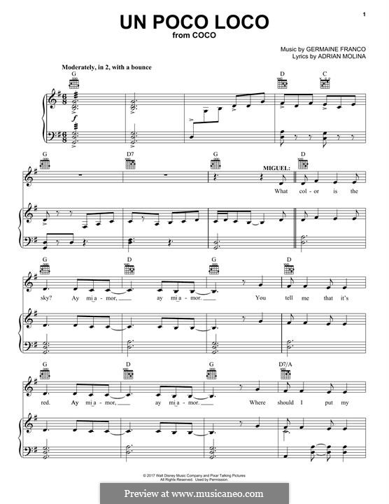 Un Poco Loco (from 'Coco'): Für Stimme und Klavier (oder Gitarre) by Germaine Franco
