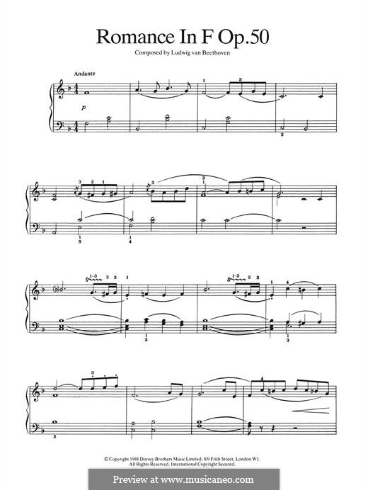 Romanze für Violine und Orchester Nr.2 F-Dur, Op.50: Version für Klavier by Ludwig van Beethoven