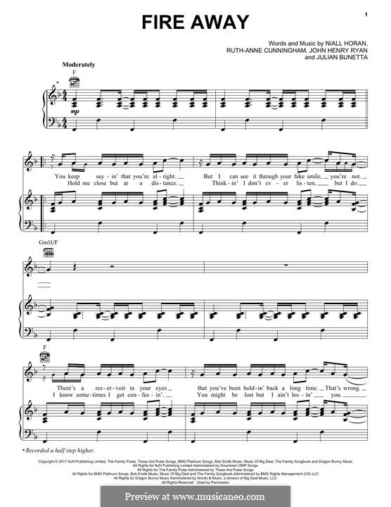 Fire Away: Für Stimme und Klavier (oder Gitarre) by Julian Bunetta, Ruth Anne Cunningham, Niall Horan, John Henry Ryan