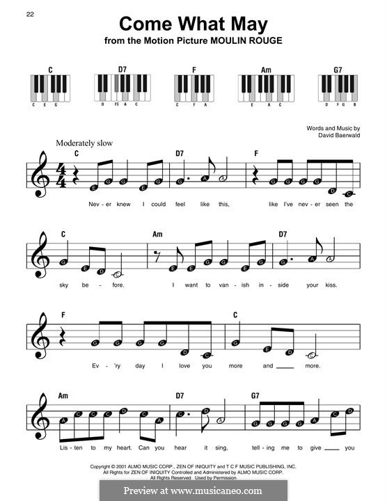 Come What May (from Moulin Rouge): Für Klavier, leicht by David Baerwald