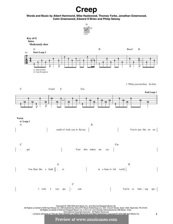 Creep (Radiohead): Für Gitarre mit Tabulatur by Albert Hammond, Colin Greenwood, Ed O'Brien, Jonny Greenwood, Mike Hazelwood, Phil Selway, Thomas Yorke