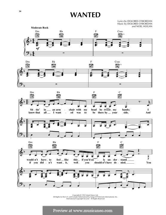 Wanted (The Cranberries): Für Stimme und Klavier (oder Gitarre) by Dolores O'Riordan, Noel Hogan