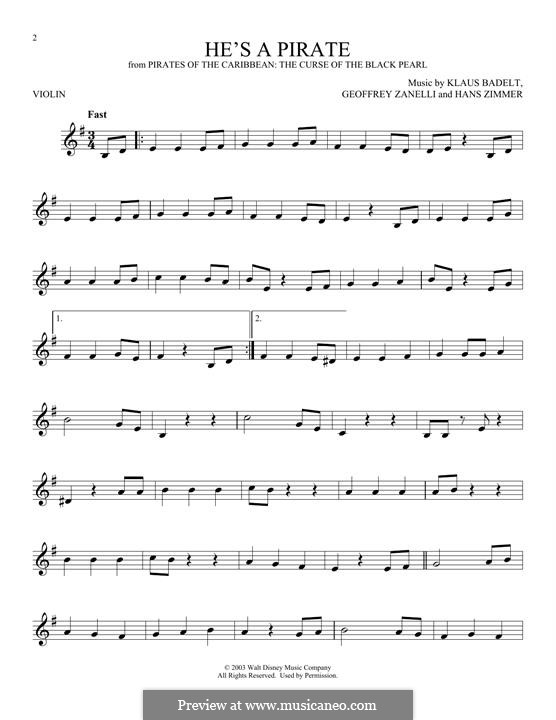 He's a Pirate (from Pirates of the Caribbean: The Curse of the Black Pearl): Für Violine by Klaus Badelt
